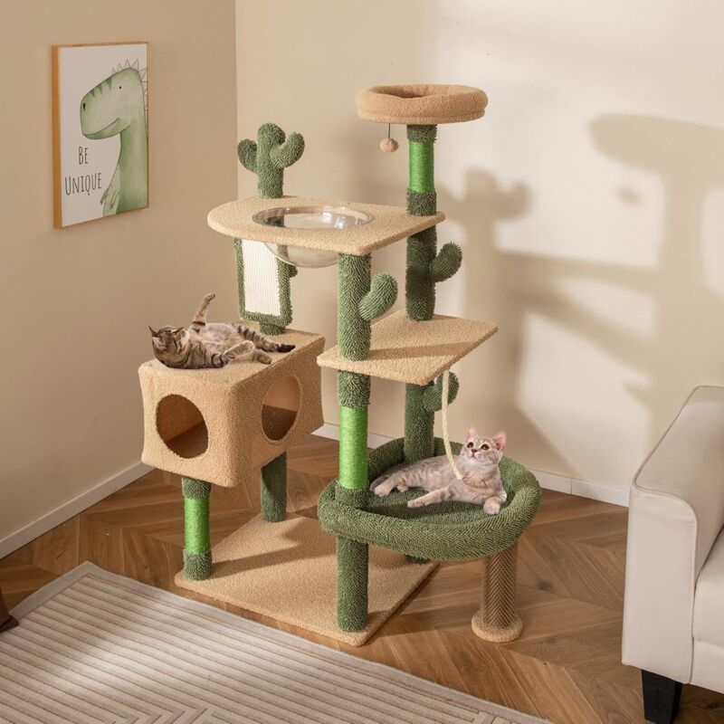 foto del prodotto goplus albero per gatti moderno, torre per gatti a forma di cactus verde con posti di osservazione, posti per graffiare in sisal, cuscini lavabili,