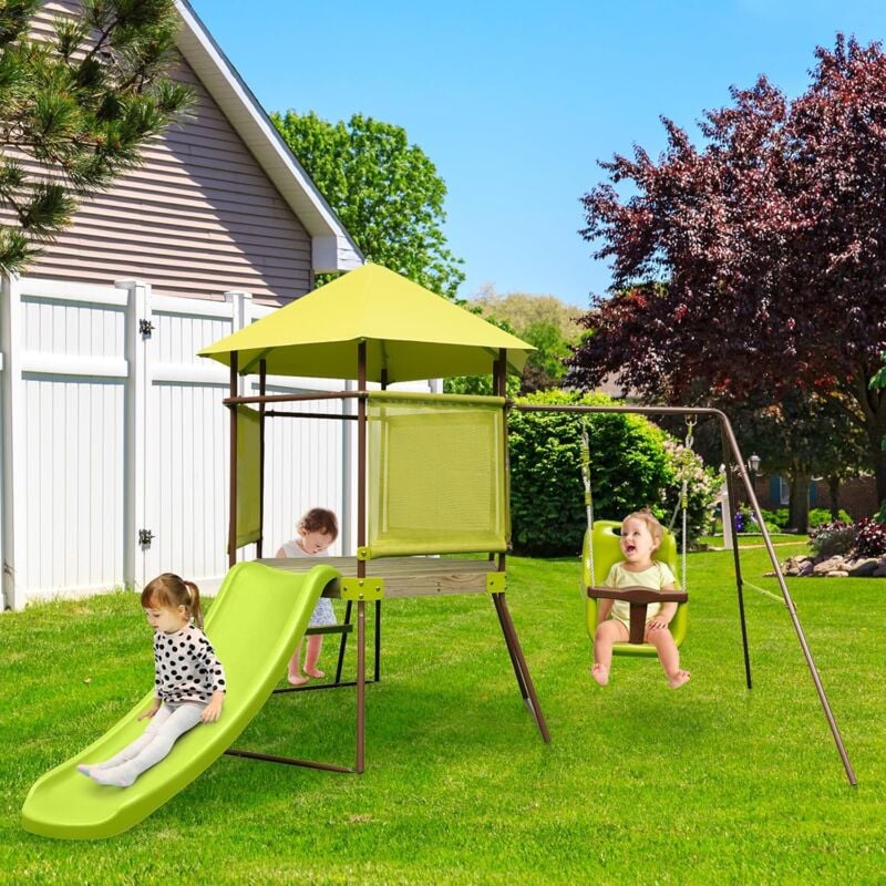 foto del prodotto goplus altalena e scivolo 4 in 1, parco giochi extra large all aperto con fortino coperto, scivolo lungo, seggiolino altalena regolabile in