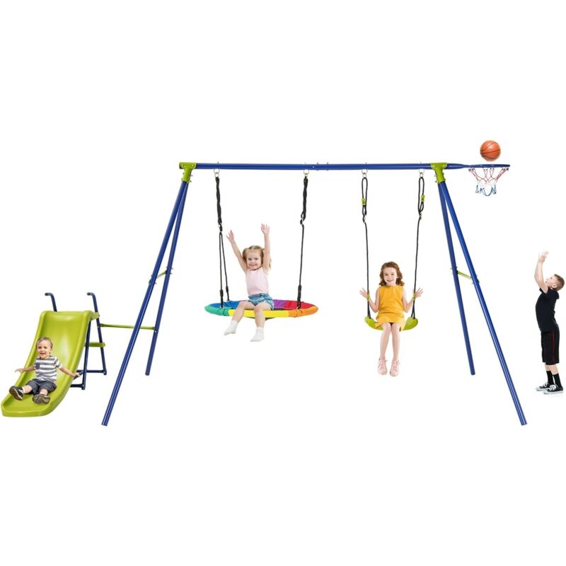 foto del prodotto goplus altalena per bambini 4 in 1, con scivolo, canestro, 2 altalene, all aperto per giardino, parco giochi, 3 12 anni