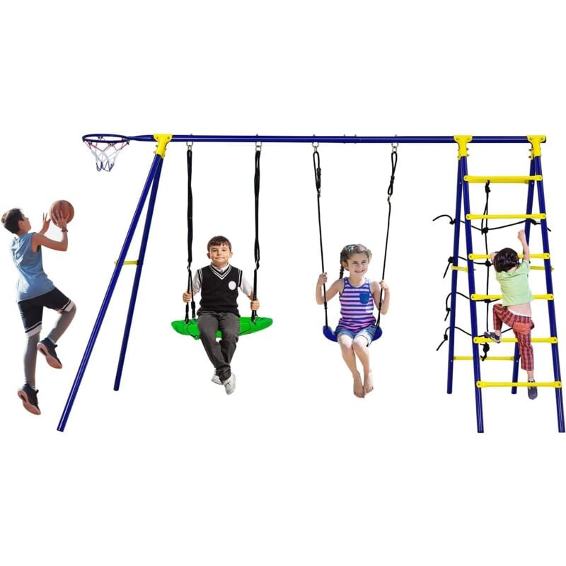 foto del prodotto goplus altalena per bambini 5 in 1 con struttura in metallo, altalena a nido d uccello, parete da arrampicata, canestro da basket e scala da
