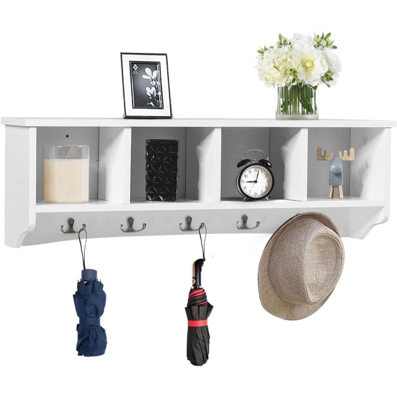 foto del prodotto goplus appendiabiti a parete, con mensola portaoggetti, 5 ganci portachiavi, diviso in 4 cubi, ideale per ingresso, cucina, bagno, dietro porta,