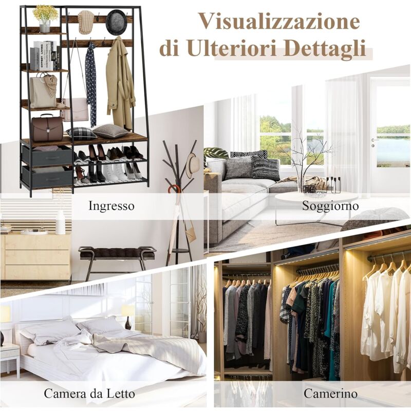foto del prodotto goplus appendiabiti con panca, appendiabiti con 6 livelli e 9 ganci, appendiabiti industriale con cassetti, portascarpe, organizzatore per ingressi
