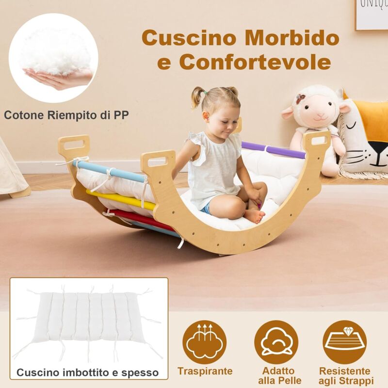 foto del prodotto goplus arco da arrampicata per bambini, arco a dondolo in legno con cuscino accogliente, struttura per arrampicata e dondolo in legno per bambini