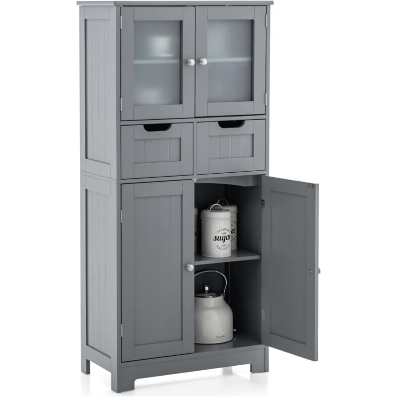 foto del prodotto goplus armadietto alto da bagno, mobiletto con 1 armadio a porte in vetro temperato, 2 cassetti e 1 armadietto chiuso, mobile da cucina con ripiano