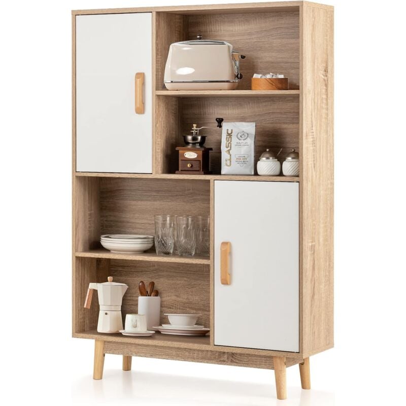 foto del prodotto goplus armadietto di libri per soggiorno, libreria a ripiani, doppia anta con maniglie, gambe legno con tappedini antiscivolo, design di