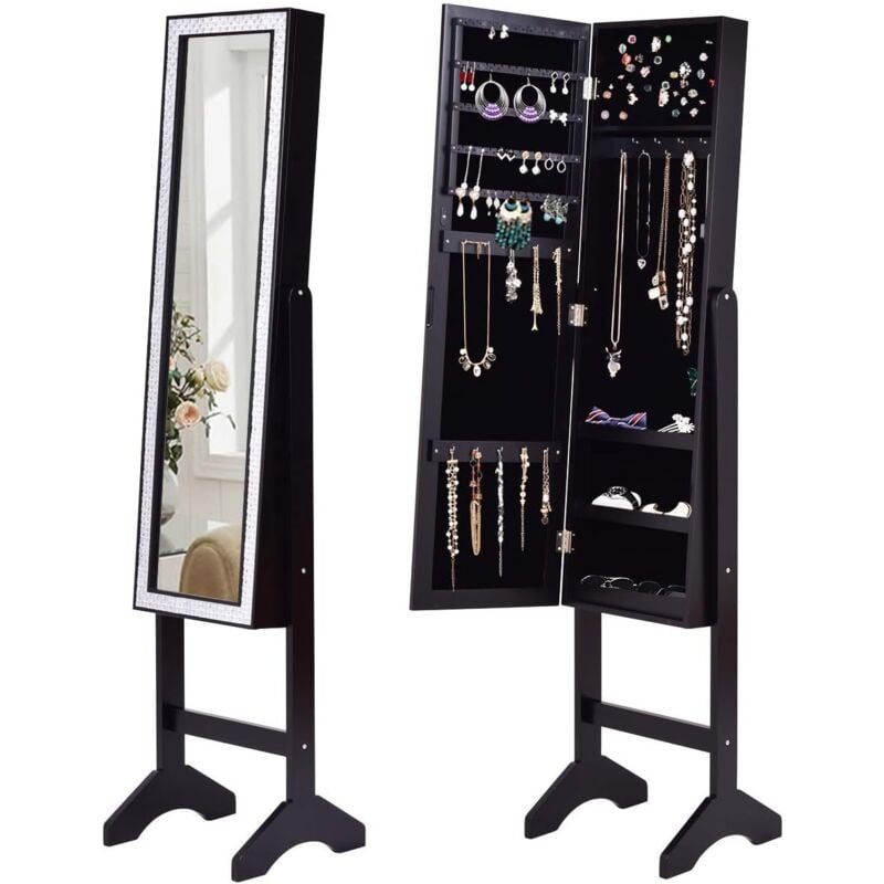 foto del prodotto goplus armadietto per gioielli con specchio, design 2 in 1, specchio a figura intera con diamanti, per soggiorno e camera da letto nero 