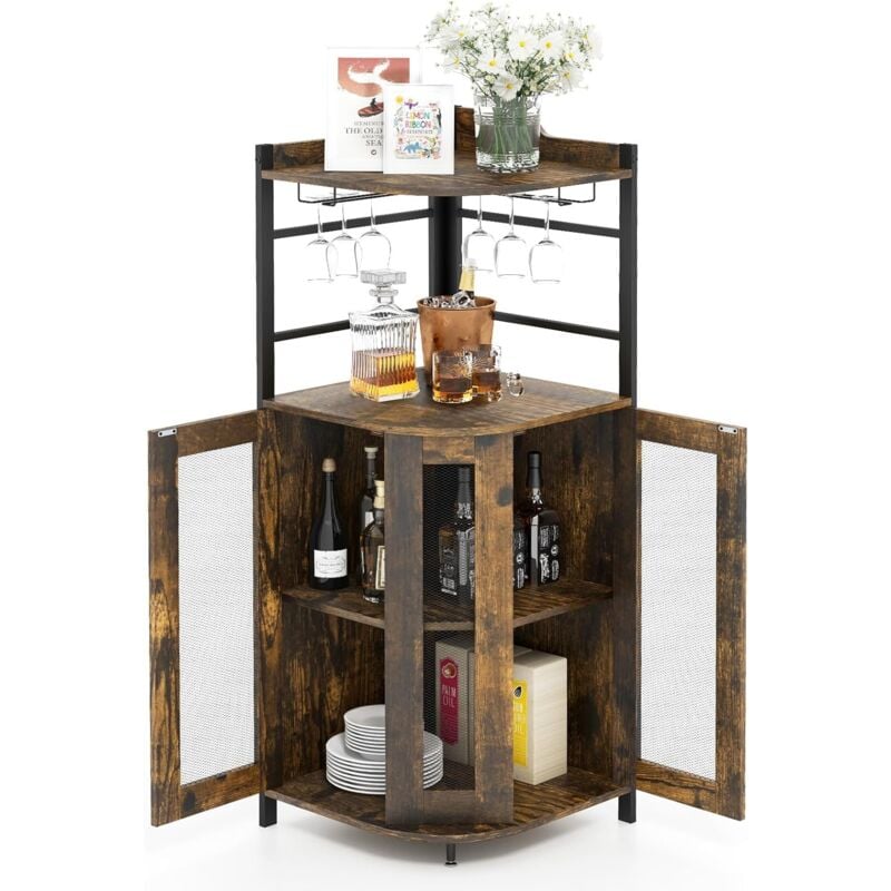 foto del prodotto goplus armadietto per vini ad angolo in stile industriale con ripiano regolabile e porta a rete, armadietto con porta bicchiere da vino, armadietto
