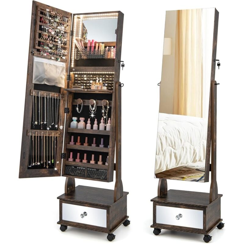 foto del prodotto goplus armadietto portagioie con serratura, armadio per gioielli con ruote e luci led a 3 colori, specchietto interno, chiusura magnetica, 42 x 35