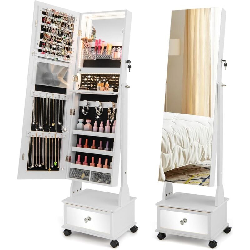 foto del prodotto goplus armadietto portagioie con serratura, armadio per gioielli con ruote e luci led a 3 colori, specchietto interno, chiusura magnetica, 42 x 35