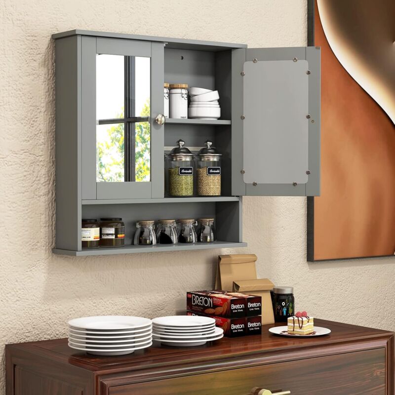 foto del prodotto goplus armadio con specchio da bagno, mobile a muro con ripiani regolabili, mobile a muro per bagno appeso, 56 x 13 x 58 cm grigio 