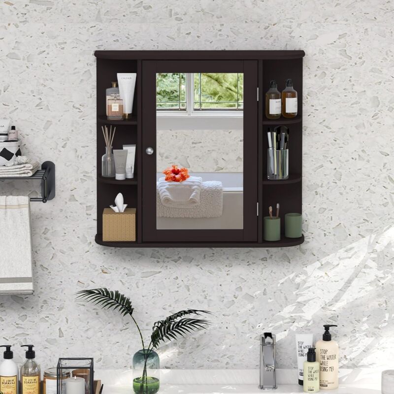 foto del prodotto goplus armadio da parete, armadietto da bagno 10 ripiani con specchio, 66 x 17 x 63 cm marrone 