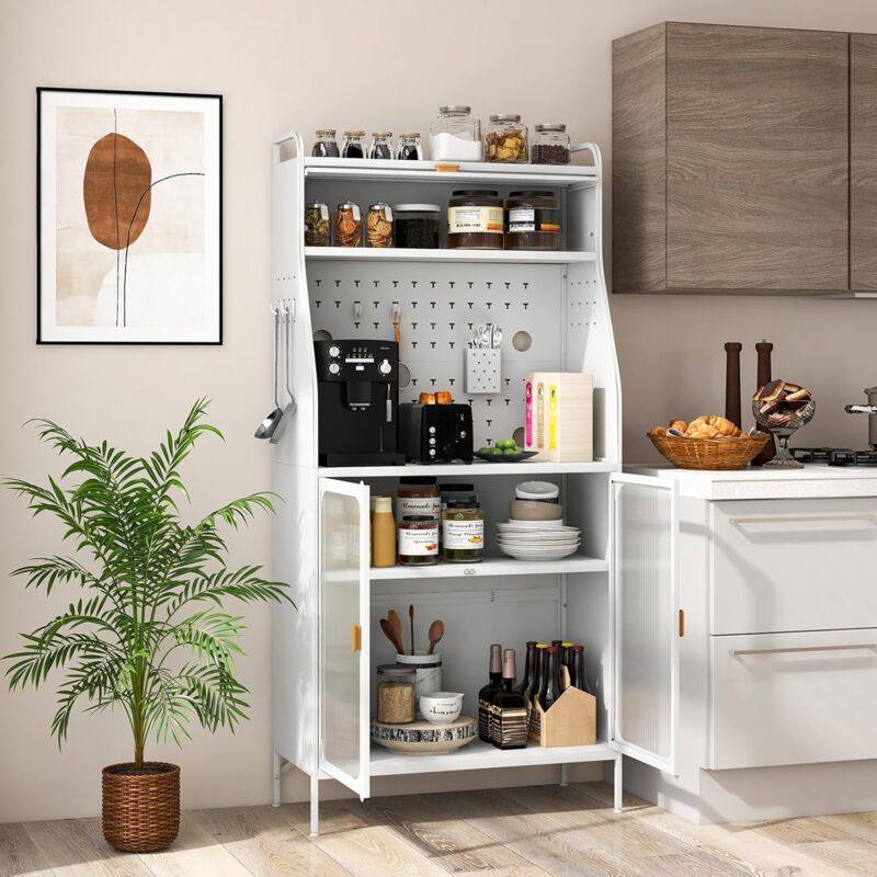 foto del prodotto goplus armadio dispensa per cucina, scaffale da panetteria con pannello forato, ripiano regolabile, 8 ganci e 1 cesto appeso, portaoggetti a 5