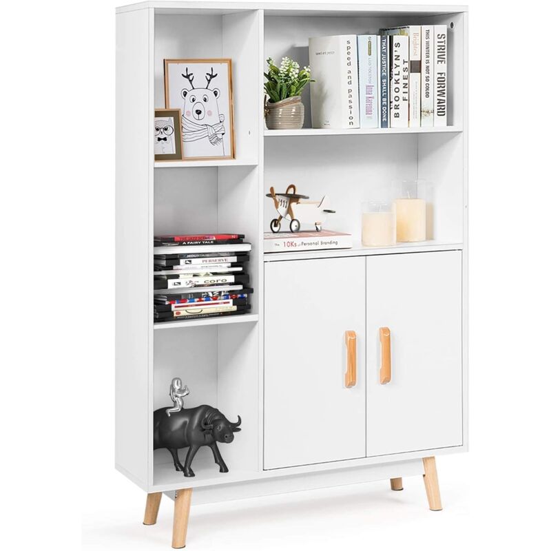 foto del prodotto goplus armadio laterale, armadietto in legno con 2 ante 3 ripiani e 5 cubi e gambe in legno di gomma, mobile libreria da ufficio e casa, bianco