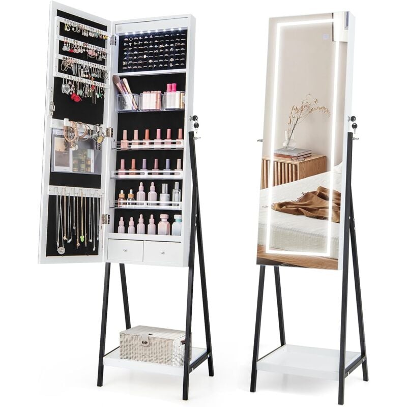 foto del prodotto goplus armadio per gioielli con specchio a led, con supporto in metallo, specchio a lunghezza intera con luce led a 3 colori, luci interne, per