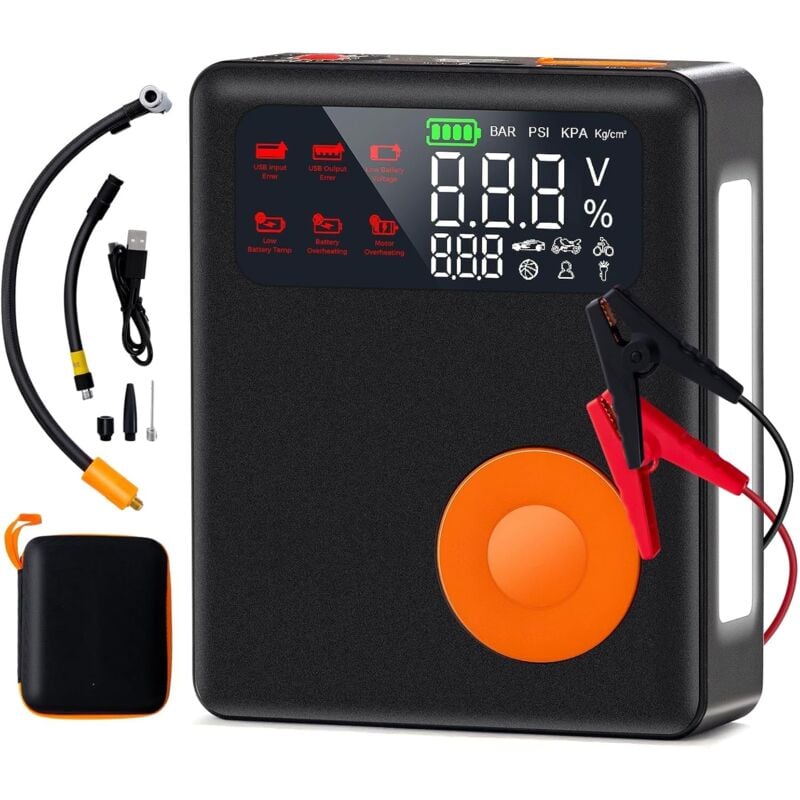 foto del prodotto goplus avviatore di emergenza con compressore d aria, picco 2000a 13000mah avviatore di emergenza portatile per auto con gonfiatore per pneumatici
