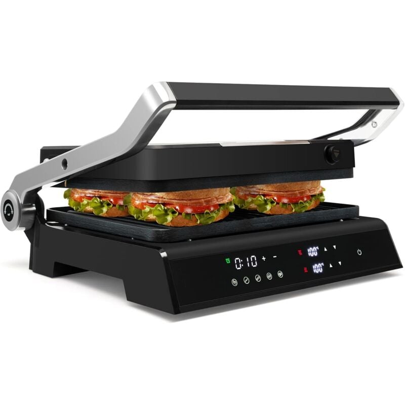foto del prodotto goplus bistecchiera elettrica per panini, controllo indipendente della temperatura e vassoio rimovibile a doppio rivestimento, funzione di timer,