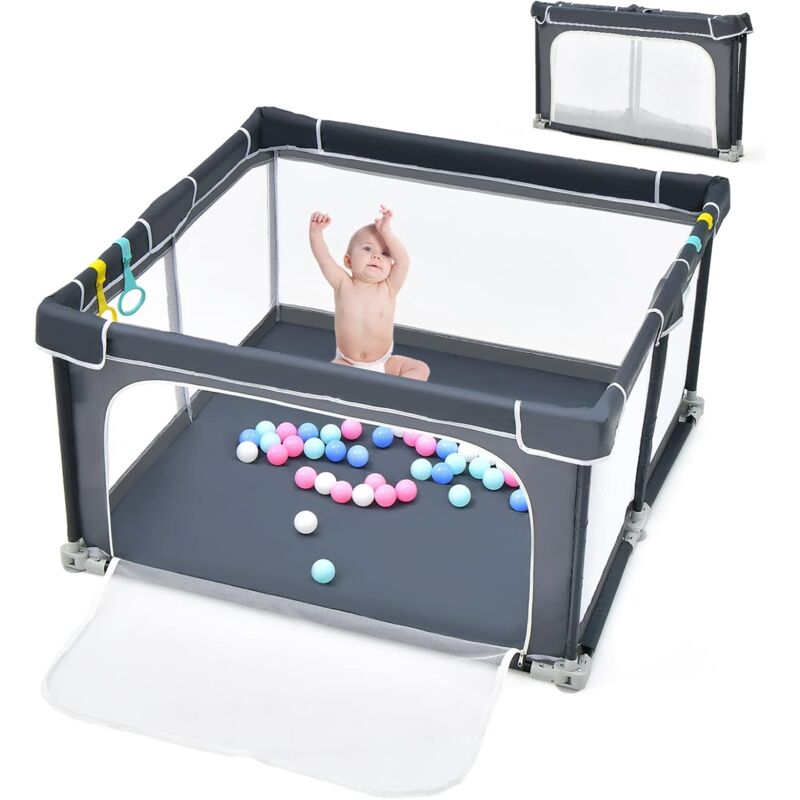 foto del prodotto goplus box per bambini, con 50 palline e 4 impugnature, anelli e porta, recinto per bambini con rete traspirante e cerniera, per bambini da 10 mesi