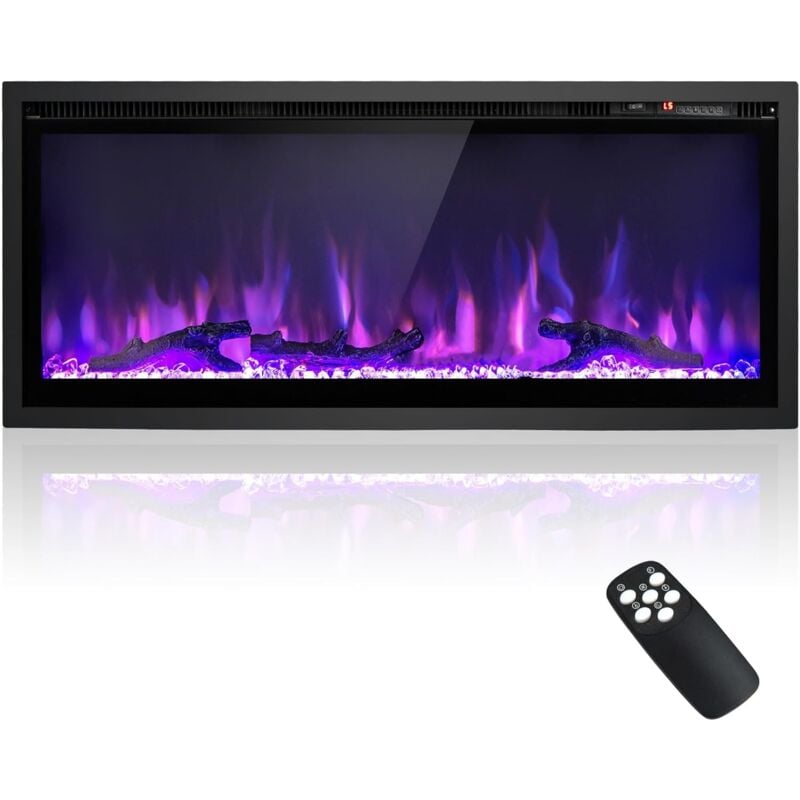 foto del prodotto goplus camino elettrico, caminetto a parete incassato, 750w 1500w, con telecomando, timer, decorazione di 3 tronchi e cristalli, 91,5 x 14 x 45 cm