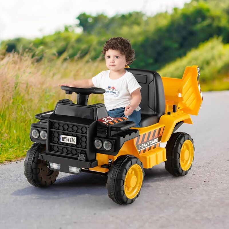 foto del prodotto goplus camion da costruzione elettrico cavalcabile, con casco di sicurezza, cassone ribaltabile, ruote antislittamento, 2,5 km h, per bambini da 18