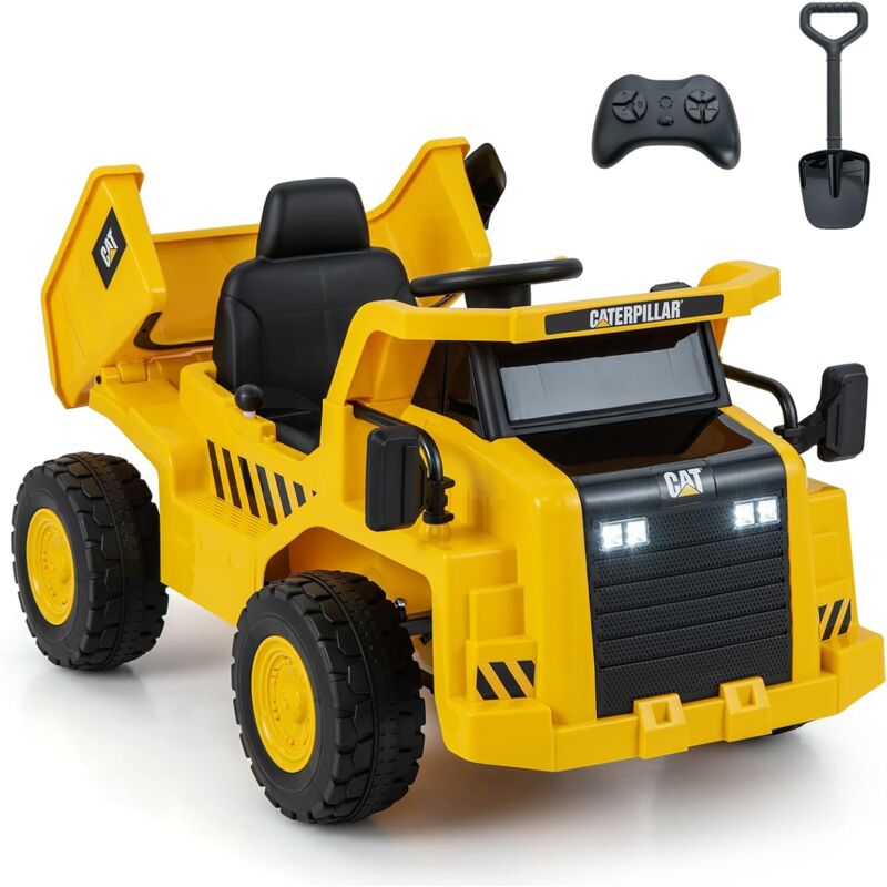 foto del prodotto goplus camion ribaltabile elettrico per bambini 12v, camion con licenza caterpillar, veicolo giocattolo a batteria con telecomando, cassone
