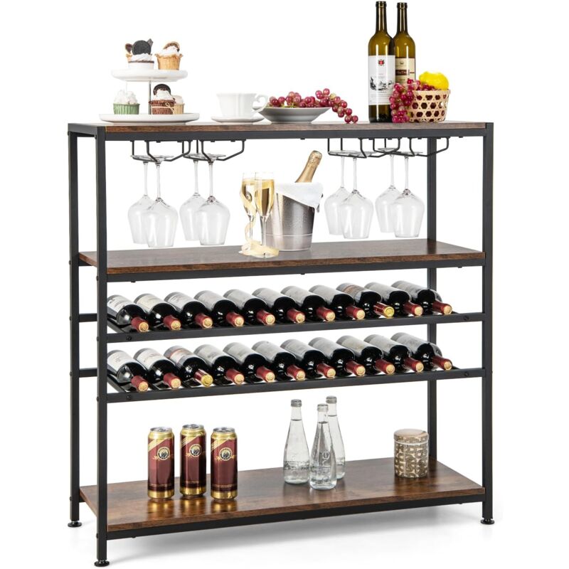 foto del prodotto goplus cantinetta portabottiglie, tavolo portabottiglie per vino da 22 bottiglie, con 2 ripiani porta vini e 4 porta calici per cucina, sala da