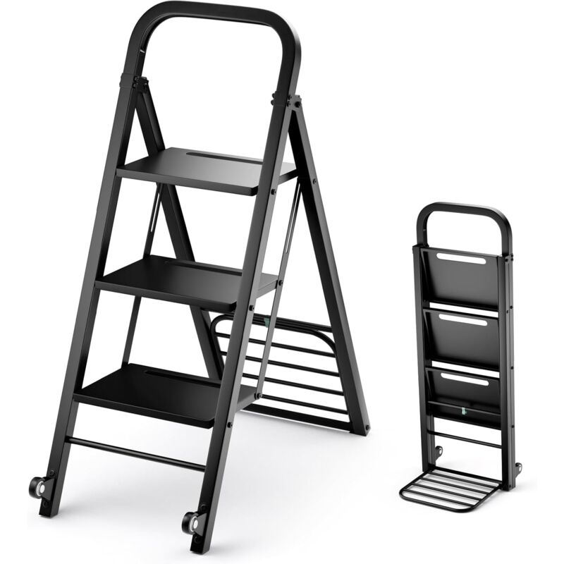 foto del prodotto goplus carrello a mano 2 in 1 scala, scala pieghevole a 3 gradini con pedali ampi antiscivolo, carrello portatile per la casa con 2 ruote