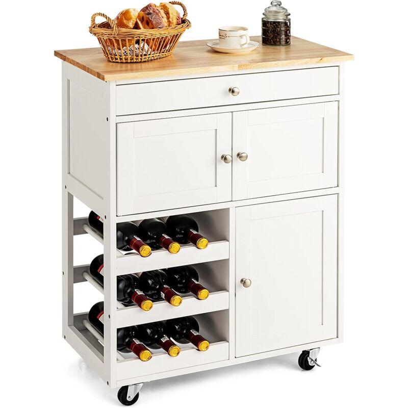 foto del prodotto goplus carrello da cucina, carrello portavivande, credenza da cucina con ruote, cassetti e portabottiglie, carrello di servizio con 3 ripiani,