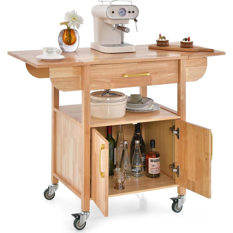 foto del prodotto goplus carrello da cucina con cassetto e piano pieghevole, 114 x 51 x 88cm, carrello da servizio, mobiletto da cucina in legno con ruote per
