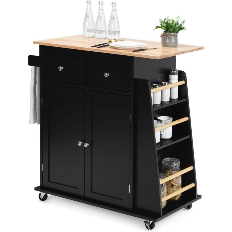 foto del prodotto goplus carrello da cucina con ruote, 2 cassetti, portaspezie a 3 livelli, portasciugamani, armadietto a 2 porte, piano in legno di gomma, per sala da