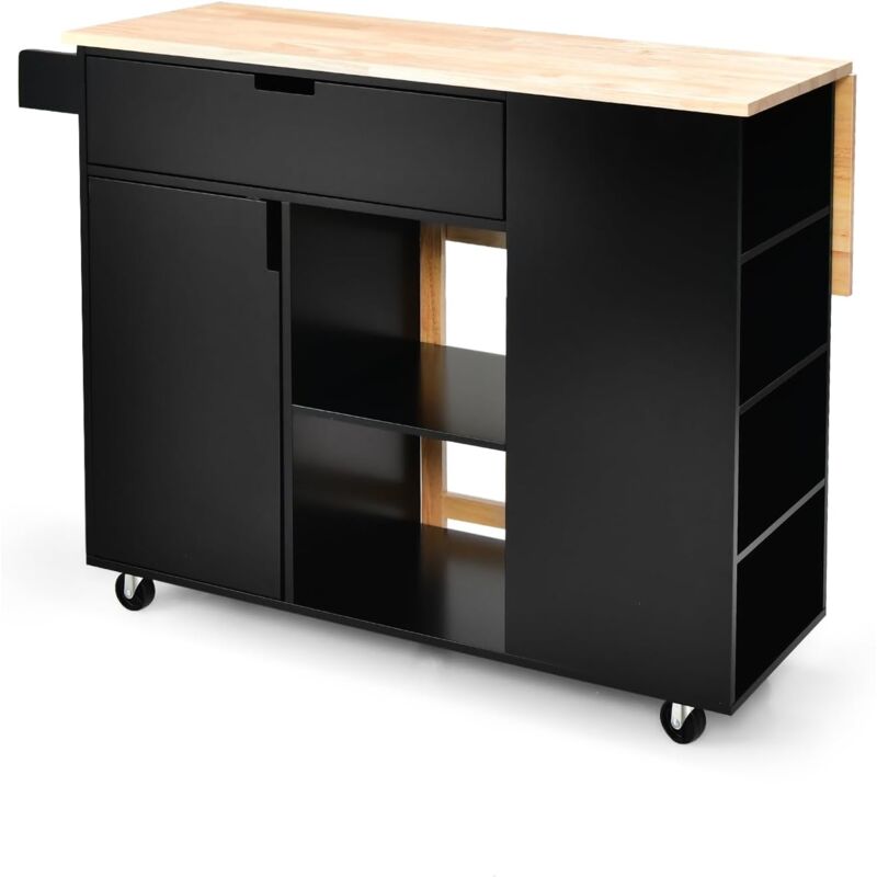 foto del prodotto goplus carrello da cucina, isola da cucina con piano pieghevole in gomma, 1 armadio, 1 cassetto e 6 scomparti, carrello stile moderno con ruote