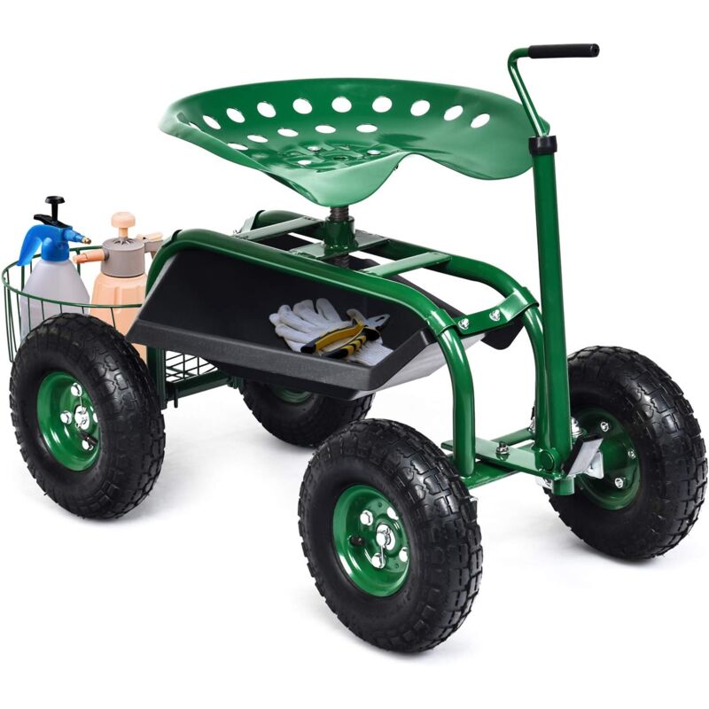 foto del prodotto goplus carrello da giardino, sgabello da giardino con manico estensibile, cestino portaoggetti, sedile regolabile, 2 vassoi porta attrezzi e 4