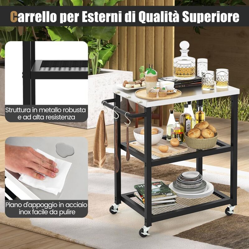 foto del prodotto goplus carrello di servizio a 3 livelli, credenza da cucina in metallo con piano d appoggio in acciaio inox, 2 ripiani, 9 ganci, tavolo da barbecue