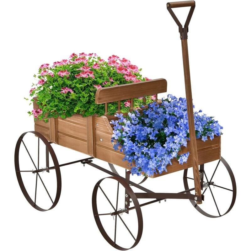 foto del prodotto goplus carrello fioriera da giardino, carrettino in legno per fiori, con 4 ruote e manico regolabile, portata 15 kg, porta piante da esterno