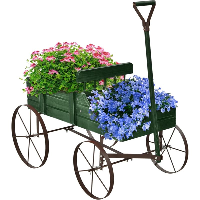 foto del prodotto goplus carrello fioriera da giardino, carrettino in legno per fiori, con 4 ruote e manico regolabile, portata 15 kg, porta piante da esterno
