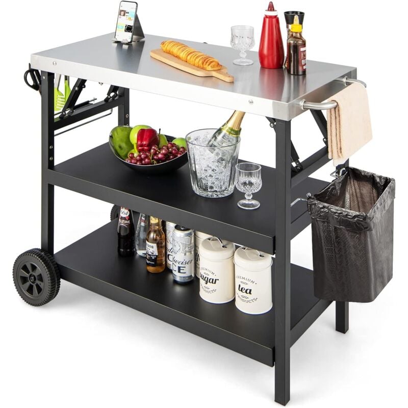 foto del prodotto goplus carrello per la preparazione del cibo all aperto, carrello di servizio mobile a 3 livelli con ripiano regolabile supporto per il telefono