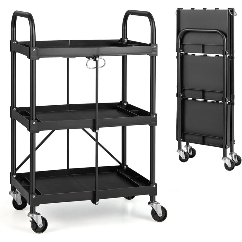 foto del prodotto goplus carrello pieghevole a 3 livelli, con 4 ruote universali, carrello a spinta di stoccaggio, per casa ufficio e magazzino, 61 x 44 x 96 cm, nero