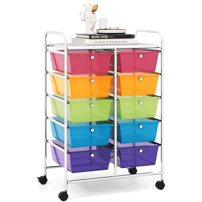 foto del prodotto goplus carrello portaoggetti a 10 cassetti con ruote bloccabili, carrello di stoccaggio, carrello leggero multifunzione per scuola, ufficio, casa,