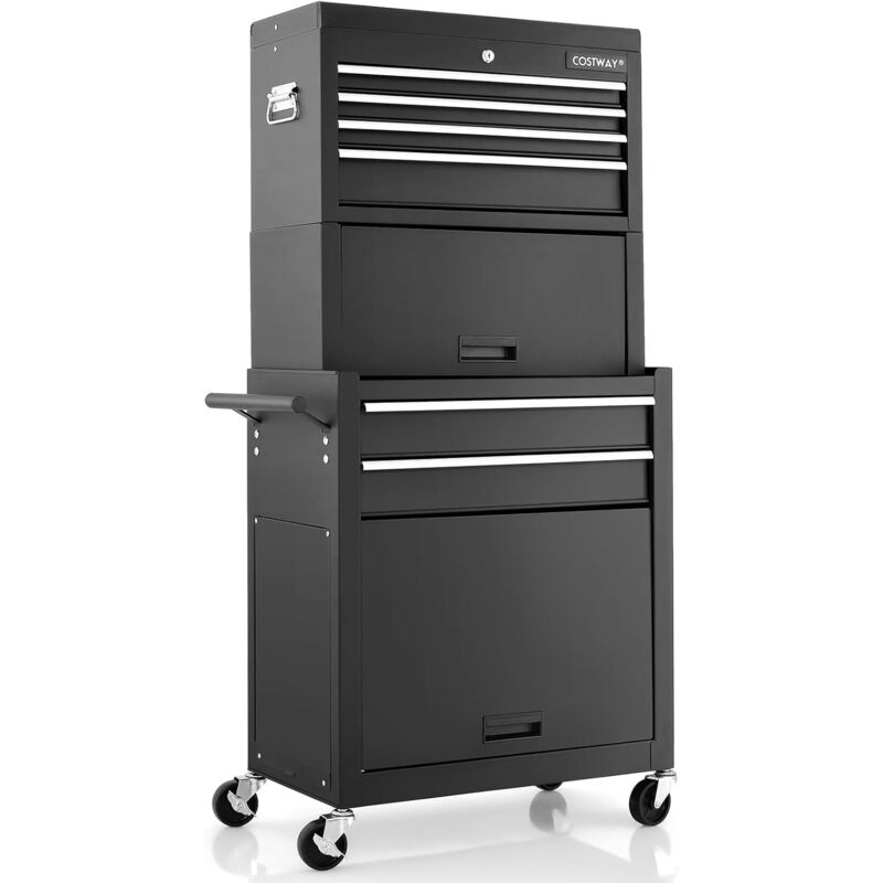 foto del prodotto goplus carrello portautensili da officina, design 2 in 1 con rotelle, carrello con 6 cassetti, porte scorrevoli e serratura di sicurezza, 61,5 x 33