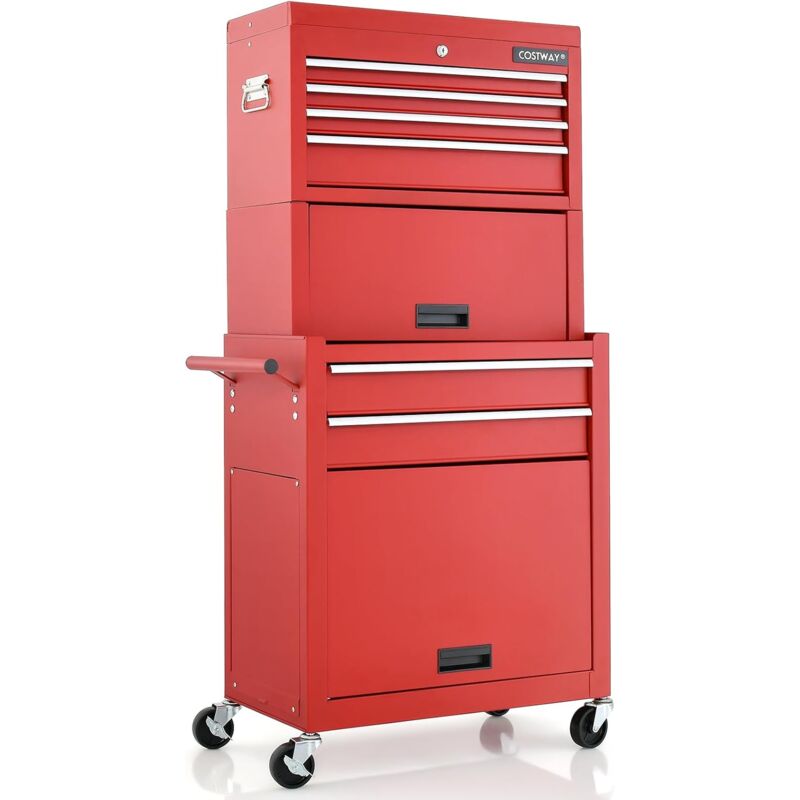 foto del prodotto goplus carrello portautensili da officina, design 2 in 1 con rotelle, carrello con 6 cassetti, porte scorrevoli e serratura di sicurezza, 61,5 x 33
