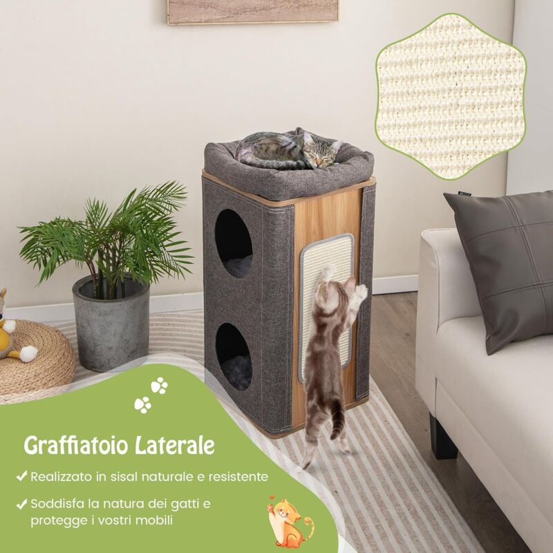 foto del prodotto goplus casetta per gatti a 3 livelli, con tiragraffi in sisal e spazioso posatoio superiore, alloggi foderati in tessuto felpato, 38 x 38 x 77,5