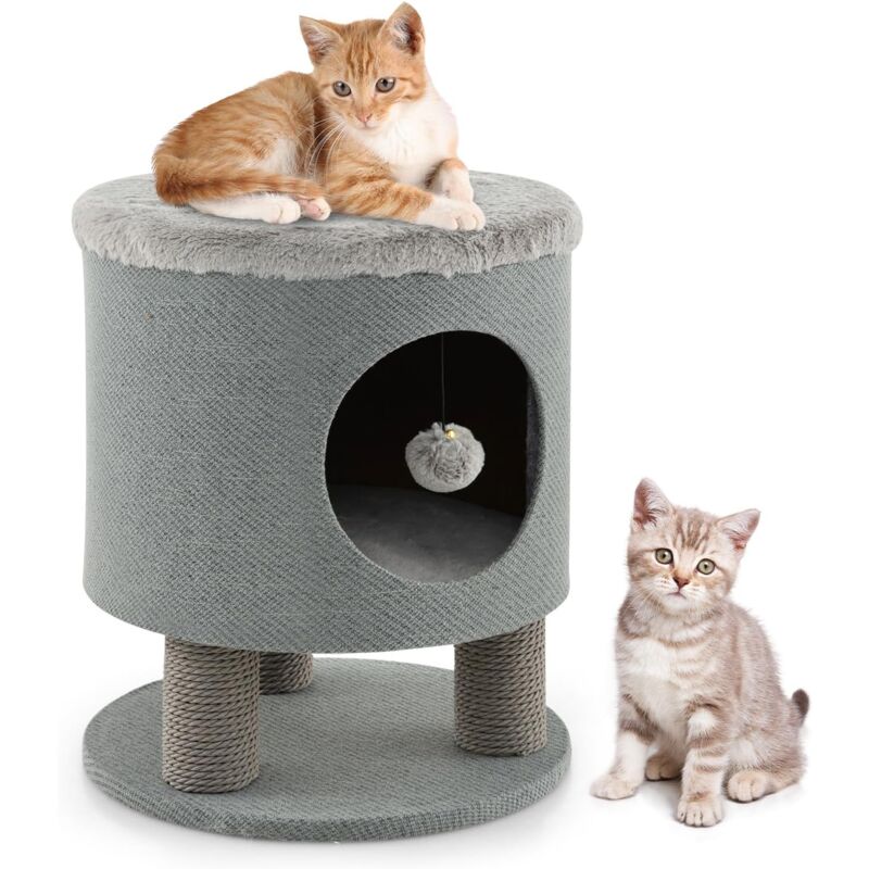 foto del prodotto goplus casetta per gatti con tiragraffi, palla di peluche, 3 in 1, come sgabello ottomana poggiapiedi, 40 x 40 x 47 cm 2 grigio 