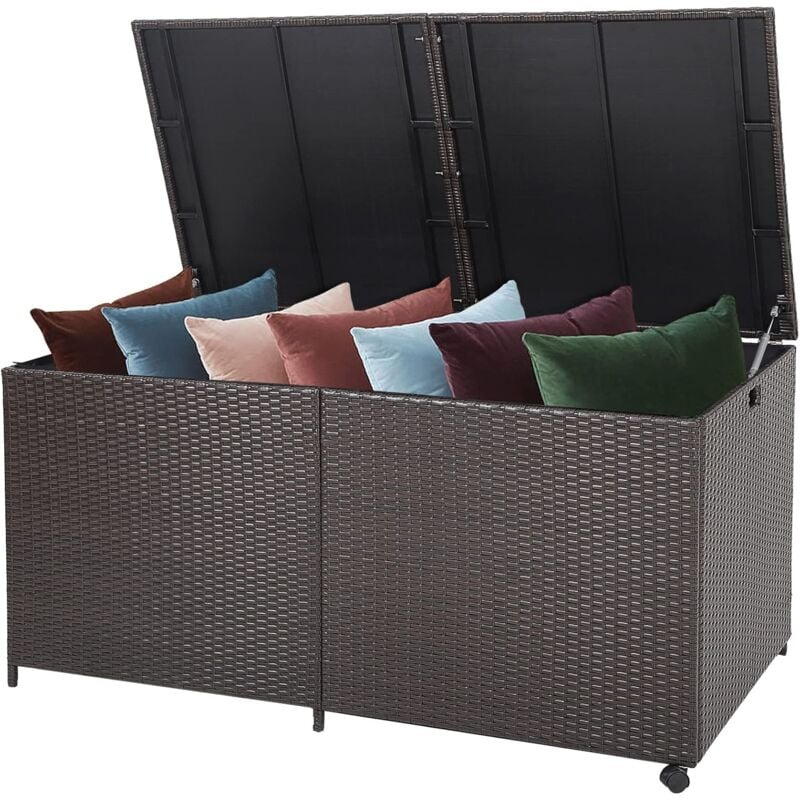 foto del prodotto goplus cassapanca per terrazze da 662 l, contenitore con coperchio per esterni in vimini misto, baule da giardino con cerniera, 2 ruote e asta