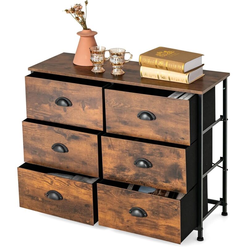 foto del prodotto goplus cassettiera a 6 cassetti, 80 x 30 x 63 cm, in tessuto metallo e legno, mobile portaoggetti per camera da letto, soggiorno, corridoio, marrone