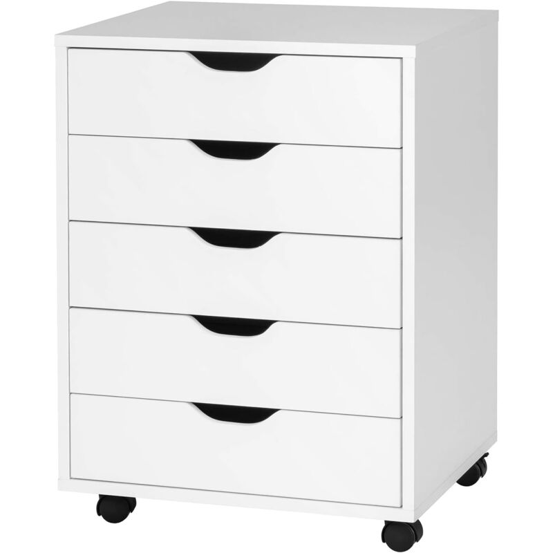 foto del prodotto goplus cassettiera in legno, 5 cassetti, 4 ruote girevoli con freni, struttura resistente, adatto per casa e ufficio, 50 x 42 x 67 cm bianco 
