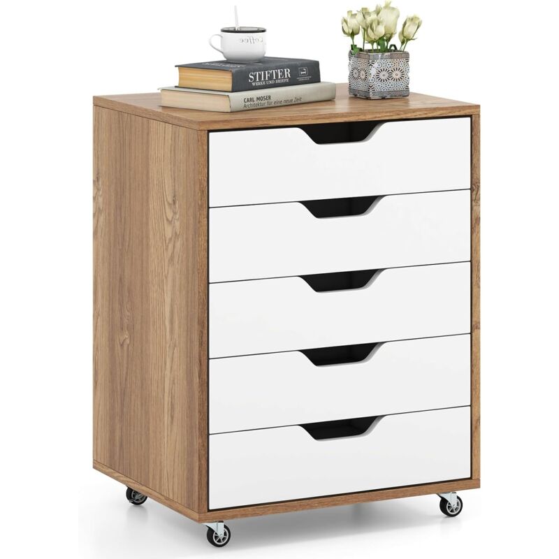 foto del prodotto goplus cassettiera in legno, 5 cassetti, 4 ruote girevoli con freni, struttura resistente, adatto per casa e ufficio, 50 x 42 x 67 cm naturale 