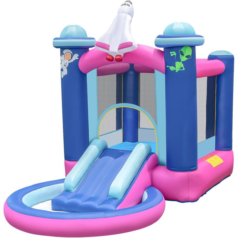 foto del prodotto goplus castello gonfiabile per bambini con scivolo, casa gigante gonfiabile con scivolo e piscina per interni ed esterni, kit di riparazione e borsa