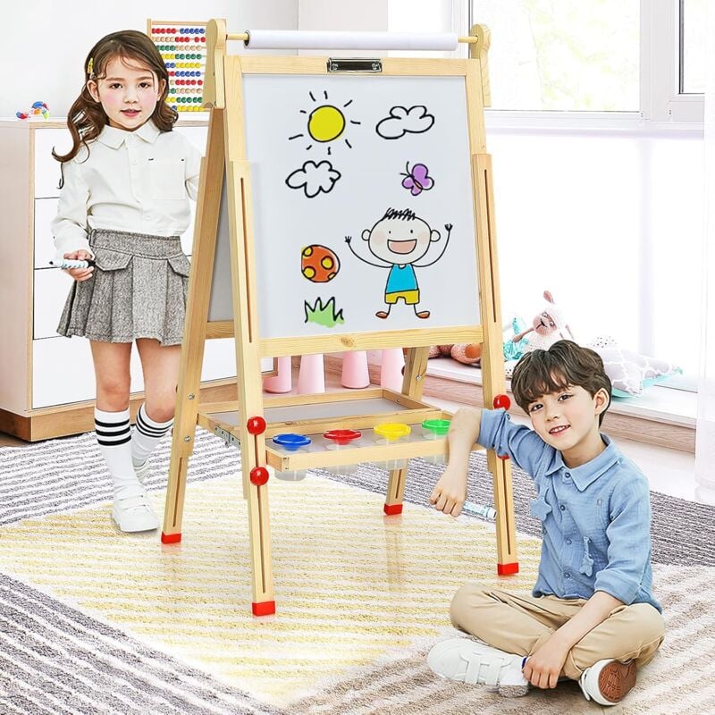 foto del prodotto goplus cavalletto da pittura, altezza regolabile, lavagna con 2 lati, struttura triangolare in legno di pino, con accessori da disegno, adatto a