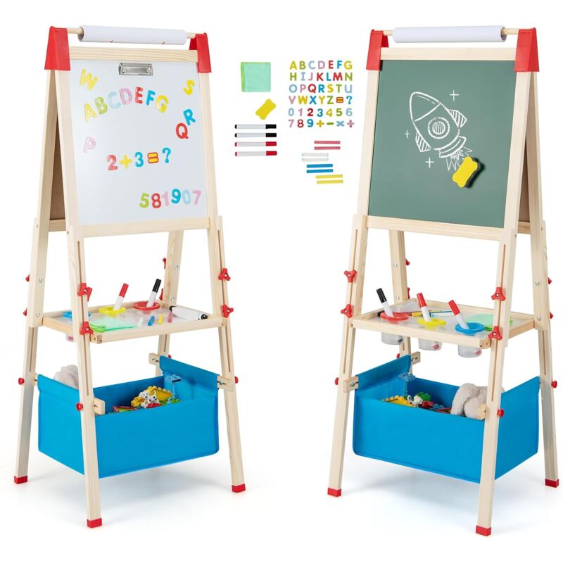 foto del prodotto goplus cavalletto in legno per bambini regolabile in altezza, lavagna magnetica bifacciale in bianco e nero, magneti per lettere e numeri, per