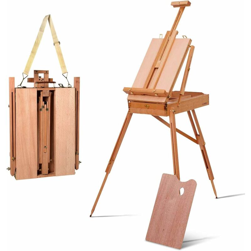 foto del prodotto goplus cavalletto pittura pieghevole, con tavolozza e cassetto, altezza regolabile, struttura stabile in faggio, cavalletto treppiede, 71x114x183 cm