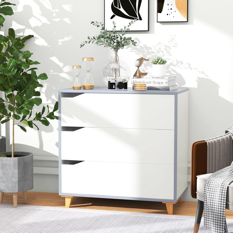 foto del prodotto goplus com a 3 cassetti, comodino moderno, maniglia incassata, piedini in legno, dispositivo antiribaltamento, ampia capacit di stoccaggio, per